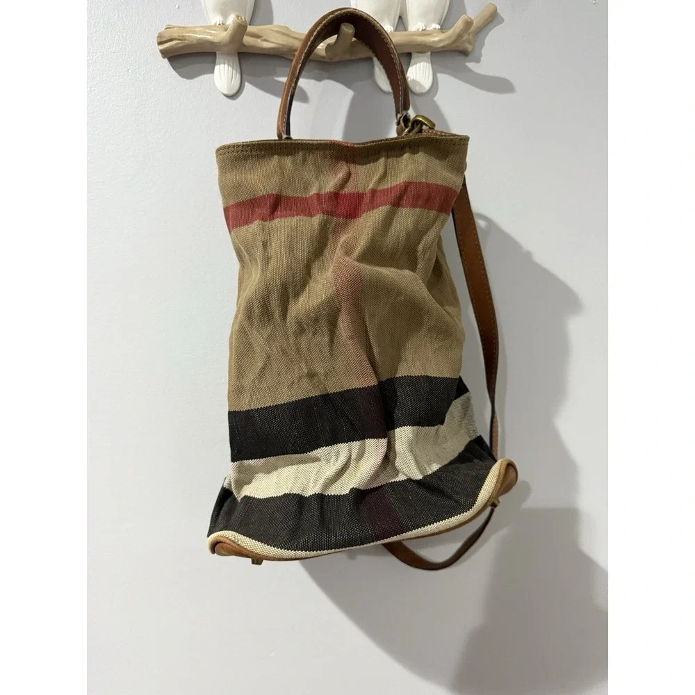 BURBERRY Canvas Mega Check Medium Ashby Hobo Saddle Q‎